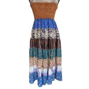 Shiva strapless pure silk boho midi dress size S